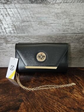 NWT Black Christian Lacroix Clutch With Detachable Gold Crossbody Chain